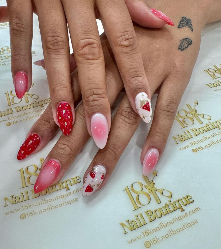 Pink strawberry nail art